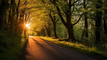Country road through a sunlit forest