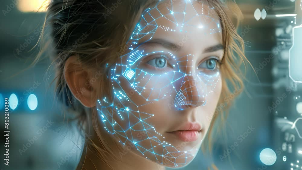 Poster close-up of a woman with digital biometric grid mapping her facial features.