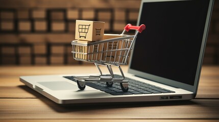 Laptop with shopping cart and cardboard boxes on keyboard