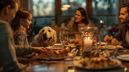 A family sitting around the dinner table with their pet dog, enjoying each other's company and the love they share with their furry family member
