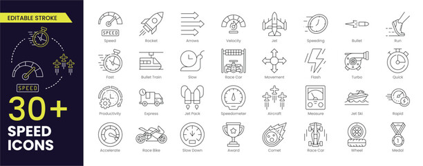 Speed Stroke icon collections. Containing fast, slow, movement, productivity, indicator, turbo, speeding, gauge, express and speedometer icons. Stroke icon collection Editable Outline icon