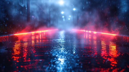 Rain Soaked Street With Red and Blue Lights