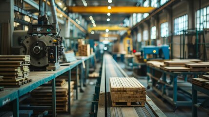 Naklejka premium Stacks of wooden planks in a factory
