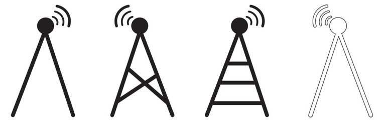 Antenna icon set. Radio antenna icon. Radio tower icons. Communication towers collection. Transmitter receiver wireless signal icons. Vector