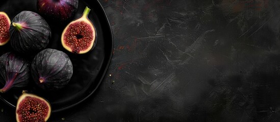 Several figs on a black plate set against a dark backdrop with empty space for text.