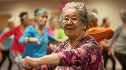 Fototapeta premium A group of seniors participating in a Zumba class, moving to the rhythm with infectious energy