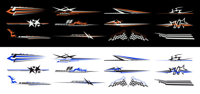 Sport car decal stripes. Car tuning finish flag stickers, speed racing stripes. White and black markings for transport