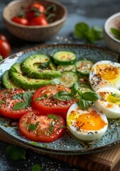 Healthy breakfast with avocado, tomato, cucumber and boiled egg