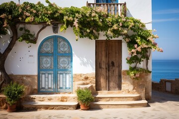 A beautiful Mediterranean house with a blue door and a wooden door