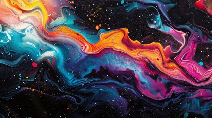 Cosmic dance of vibrant hues swirl across a canvas