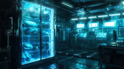 Futuristic sci-fi laboratory with advanced high-tech refrigerators glowing in blue