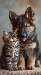 A German Shepherd puppy and a tabby kitten sleeping together