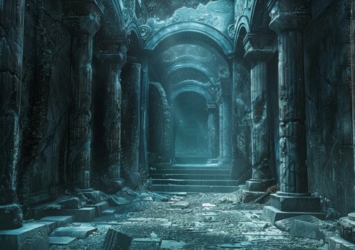 Mystical frozen temple ruins overgrown with ice and snow