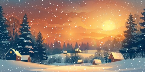 Snowy mountain village landscape with cozy houses and snow covered trees at sunset