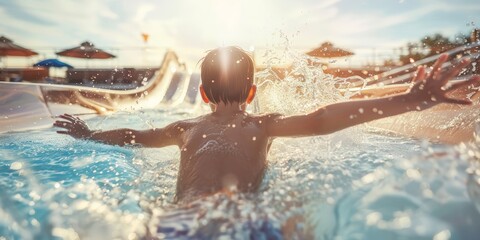 A young boy joyfully splashes and plays in the water at a bustling water park on a sunny day - Powered by Adobe
