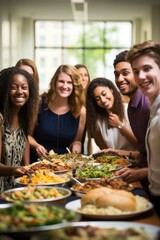 Multi-ethnic group of young people enjoying a buffet