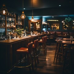 Obraz premium Luxurious bar interior with dark wood and leather seating