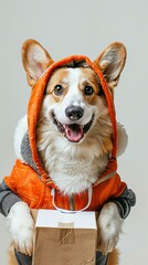 A happy corgi dog wearing a jacket and holding a box in its paws