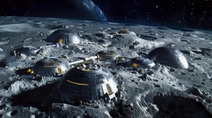 Futuristic lunar colony with spherical habitats on the moon's surface