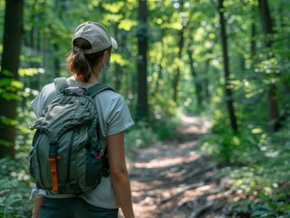woman hiking in the woods - obrazy, fototapety, plakaty
