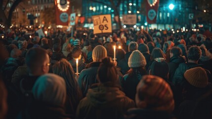 A multicultural crowd gathered in a city square, holding candles and banners with messages of peace and solidarity, advocating for unity and tolerance.