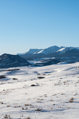 A spring snowfall covers the Colorado landscape with snow capped mountains in the distance. 