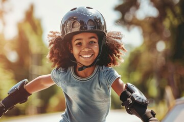 A young girl is geared up in a helmet and protective gear for safety while engaging in an activity