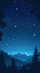 vector illustration of midnight night sky, forest landscape, stars in the distance, dark blue tone, simple flat design

