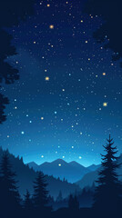 Obraz premium vector illustration of midnight night sky, forest landscape, stars in the distance, dark blue tone, simple flat design 