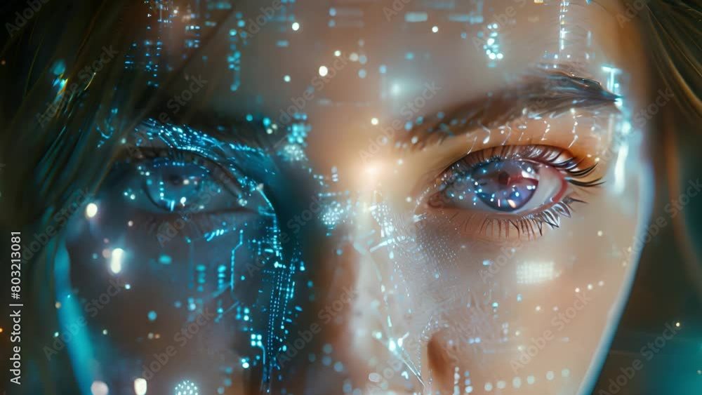 Poster Womans eye overlaid with futuristic digital patterns representing AI.