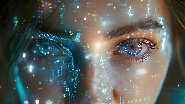 Womans eye overlaid with futuristic digital patterns representing AI.