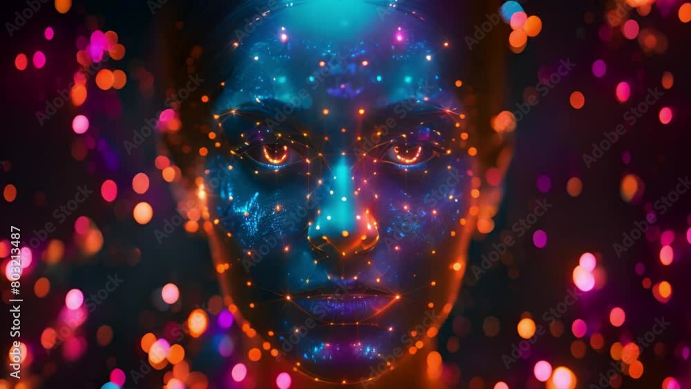 Poster glowing blue digital face representing advanced ai technology.