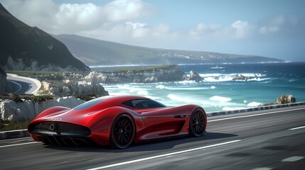 A stunning red sports car, speeding along a scenic coastal road, its aerodynamic curves and sleek lines showcased in realistic HD detail