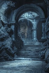 Dark fantasy dungeon with stairs, statues, and a glowing portal