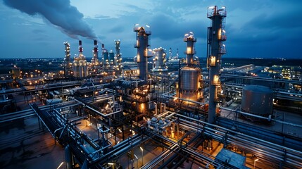 Oil refinery at night with bright lights and smoke