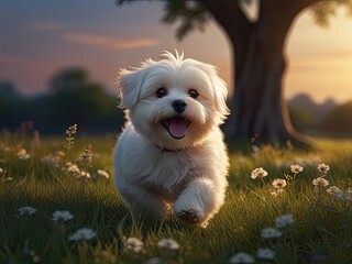 Adorable West Highland White Terrier puppy sitting on grass, a cute small dog breed with white fur, isolated portrait of domestic pet canine