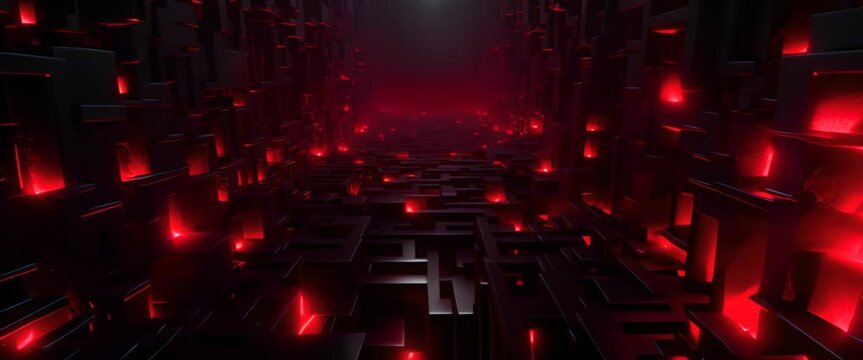 Complex 3D digital labyrinth in monochrome with neon red highlights