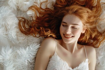 Fototapeta premium Beautiful young woman with red hair lying in bed and smiling, Ai Generated