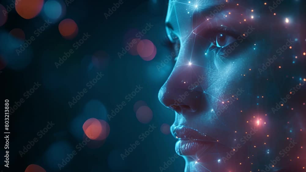 Poster side profile of a digital human face concept illustrating ai and facial recognition.