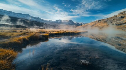 Serene morning at a foggy, mineral-rich hot spring with snowy mountains