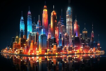 Obraz premium A vibrant illustration of a futuristic cityscape with skyscrapers and colorful lights reflecting on the water below