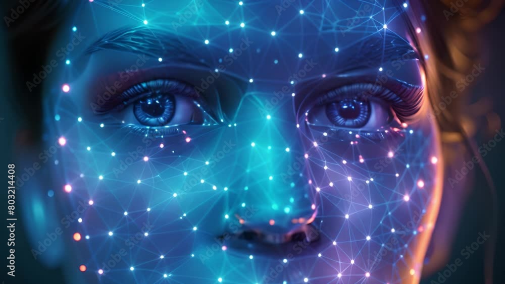 Poster Close-up of a womans face illuminated by biometric scanning lines.