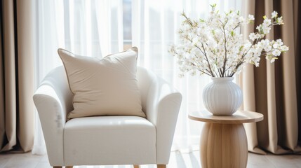 Elegant living room interior with white armchair and vase of cherry blossoms