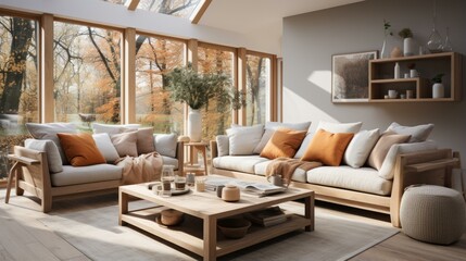 A modern living room with a large windows and a wooden coffee table
