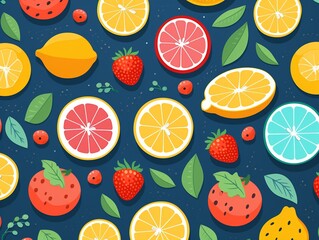 Bright and cheerful fruits, colorful seamless pattern, flat vector graphic for playful wall paper ,  flat graphic drawing