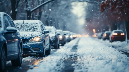 Cars covered in snow on a snowy street