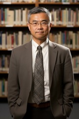 Fototapeta premium Portrait of a man in a suit standing in a library