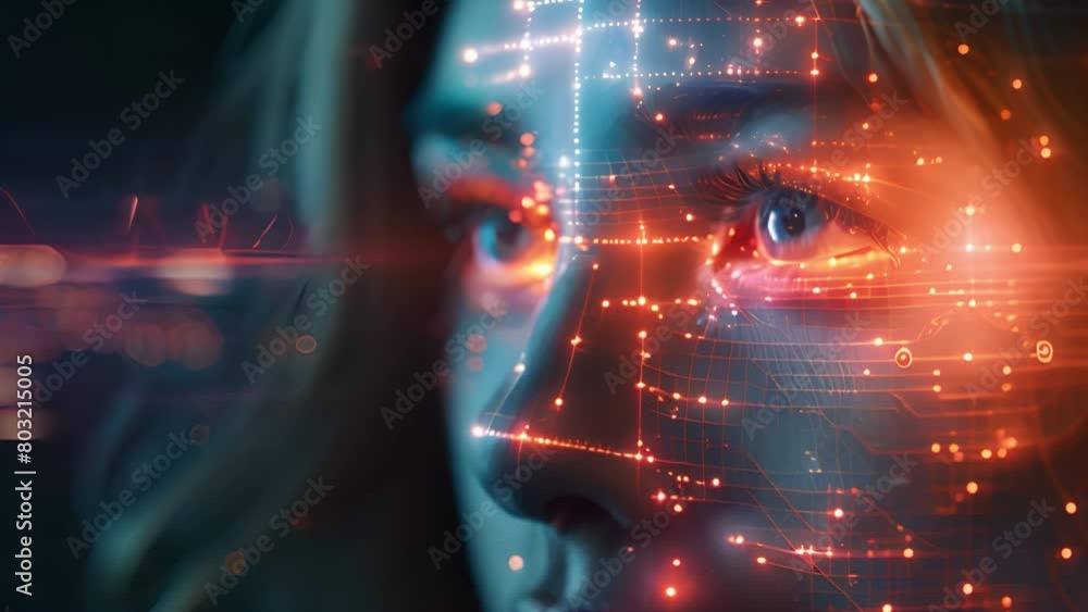 Poster A womans visage merges with digital graphs and circuitry, symbolizing AI integration.