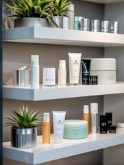 Beautiful cosmetic jars with natural product and live plants on a shelves in a modern beauty salon, eco style.