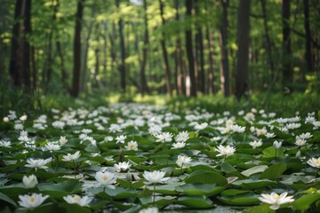 Amazing scene of white water lilies in a green forest